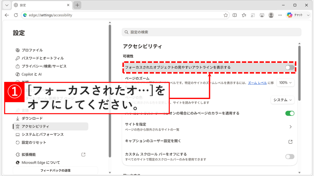 アクセシビリティ設定で「フォーカスされたオブジェクトの見やすいアウトラインを表示する」をオフにしてクリック時の枠を消すスクリーンショット