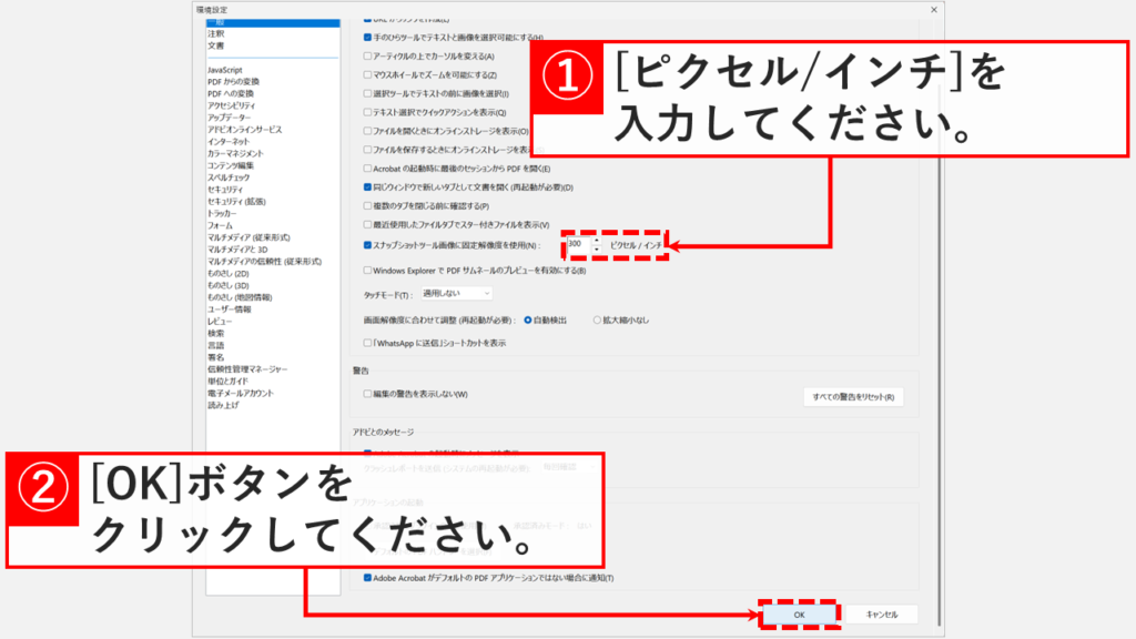 「スナップショットツール画像に固定解像度を使用」の右側にある「ピクセル/インチ」に数値を入力して「OK」ボタンをクリックしているスクリーンショット
