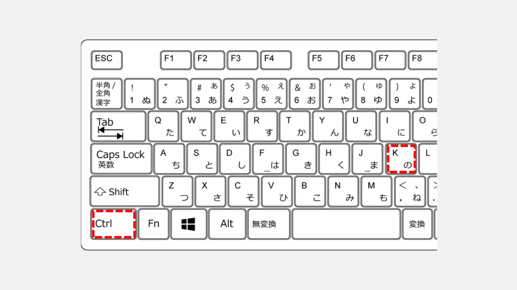 PDFの表示倍率を100%に固定するために、Acrobatの環境設定を開くCtrlキーとKキーの位置を示したキーボード画像