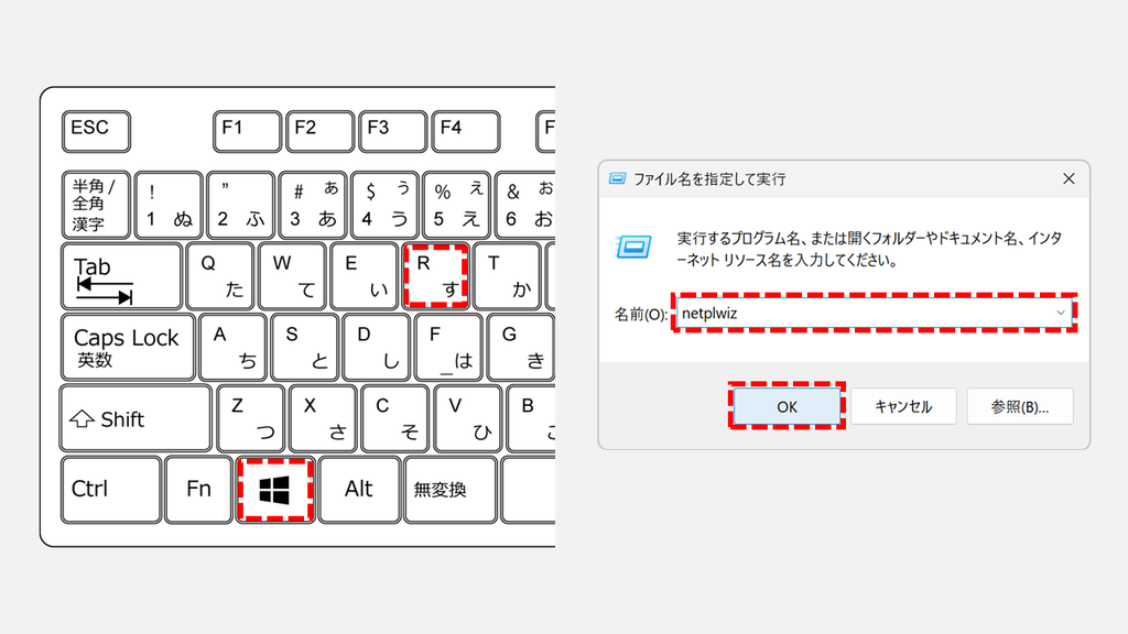 Windows11でローカルアカウントの名前を変更するため、WindowsキーとRキーを押して「ファイル名を指定して実行」を開き、名前欄にnetplwizと入力して「OK」をクリックするスクリーンショット