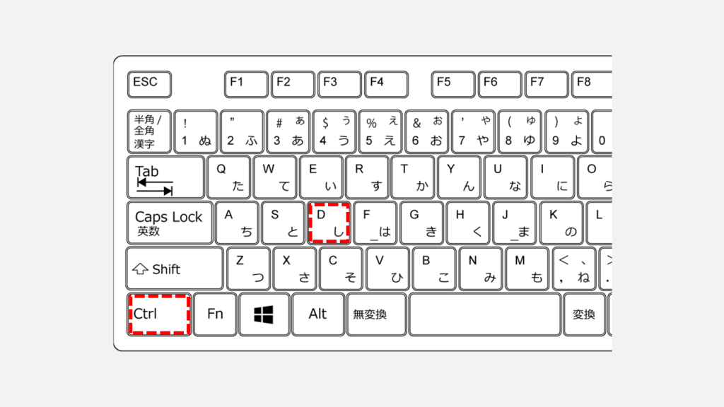 Adobe Acrobatで文書のプロパティを開くショートカット、CtrlキーとDキーの位置を示したキーボードの画像