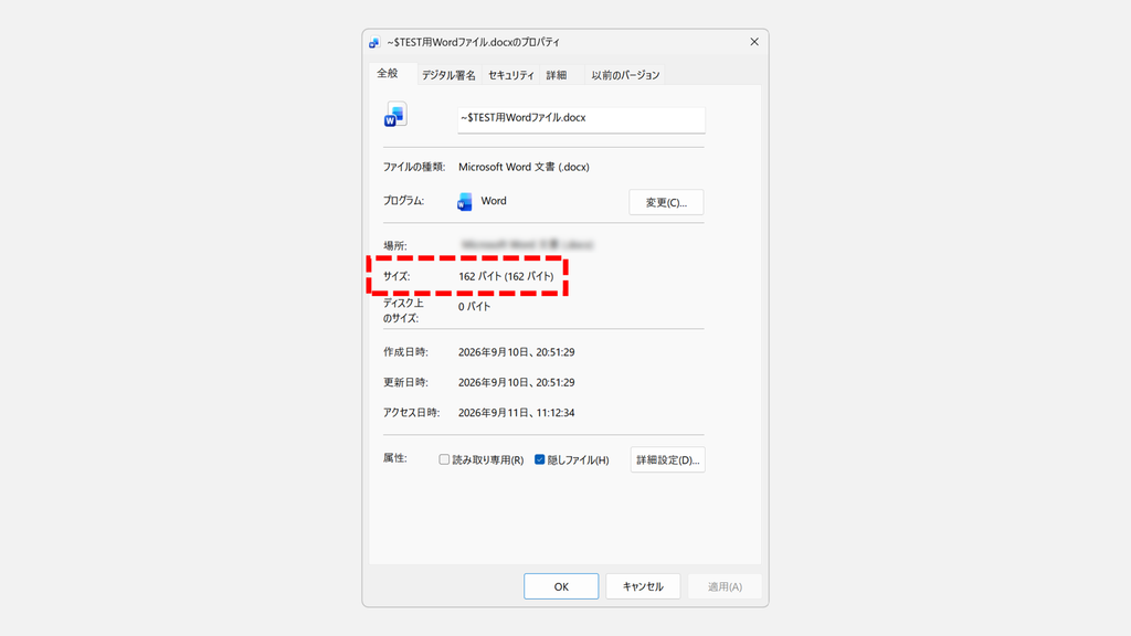 ~$で始まるファイルのプロパティで、サイズと属性の欄が表示されているスクリーンショット