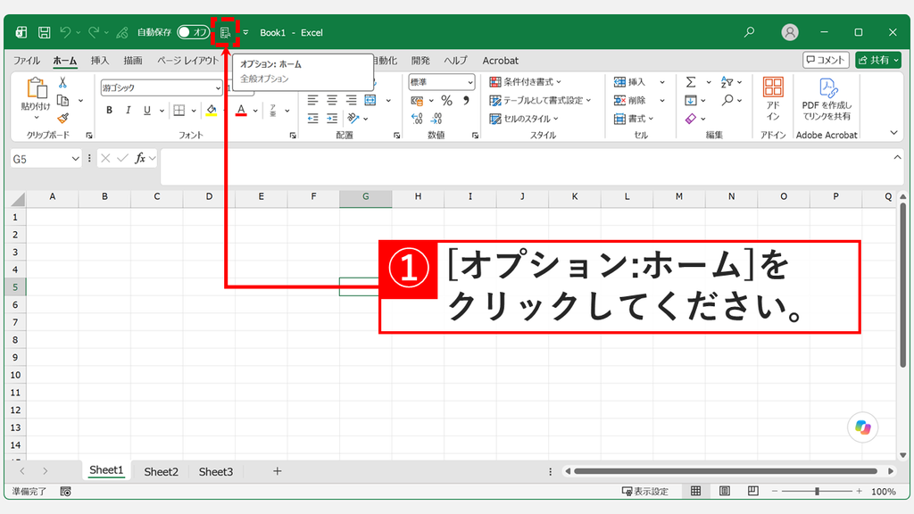 Excelのウィンドウ左上のクイックアクセスツールバーに追加された「オプション: ホーム」のアイコンをクリックするスクリーンショット