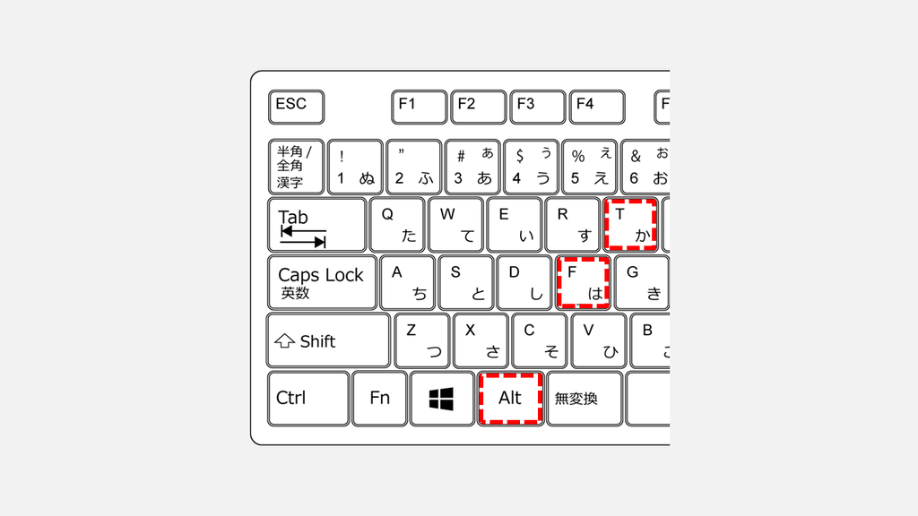 Word・Excel・PowerPointで「オプション」を開くために押す、キーボードのAltキー・Fキー・Tキーの位置を示した図