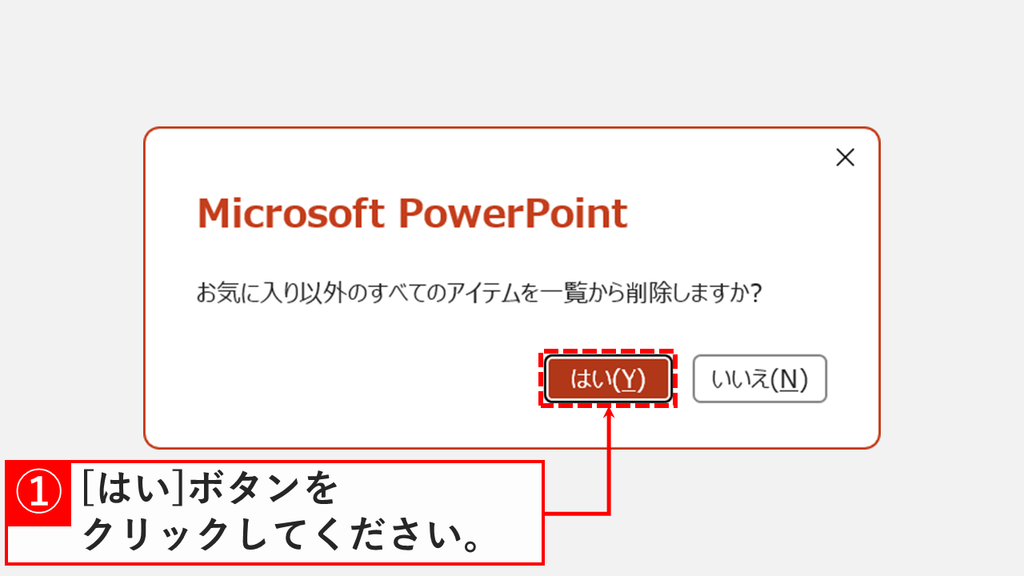 お気に入り以外のすべてのアイテムを一覧から削除しますかという確認メッセージで、「はい(Y)」をクリックするスクリーンショット