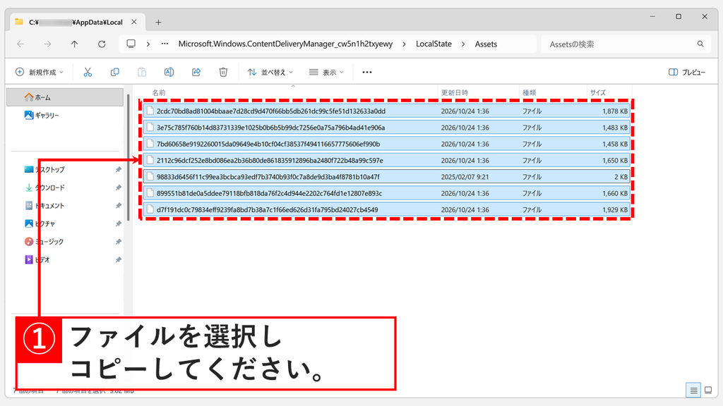 エクスプローラーで開いたAssetsフォルダーの7つのファイルをすべて選択し、コピーするスクリーンショット